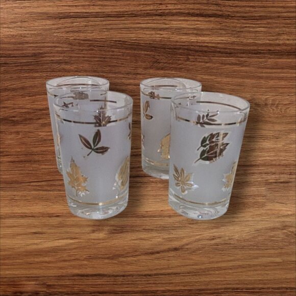 Libbey Vintage Gold Leaf Juice Glasses Set Of 4 Frosted Leaf Design Retro 4" - Picture 1 of 5